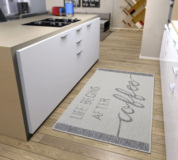 Cucina Anti-Slip Löpare - Life Begins After Coffee Creme Grå 92x150