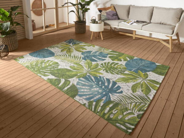 FLATVÄVD Flair Matta - Tropical Leaves TURKOS GRÖN